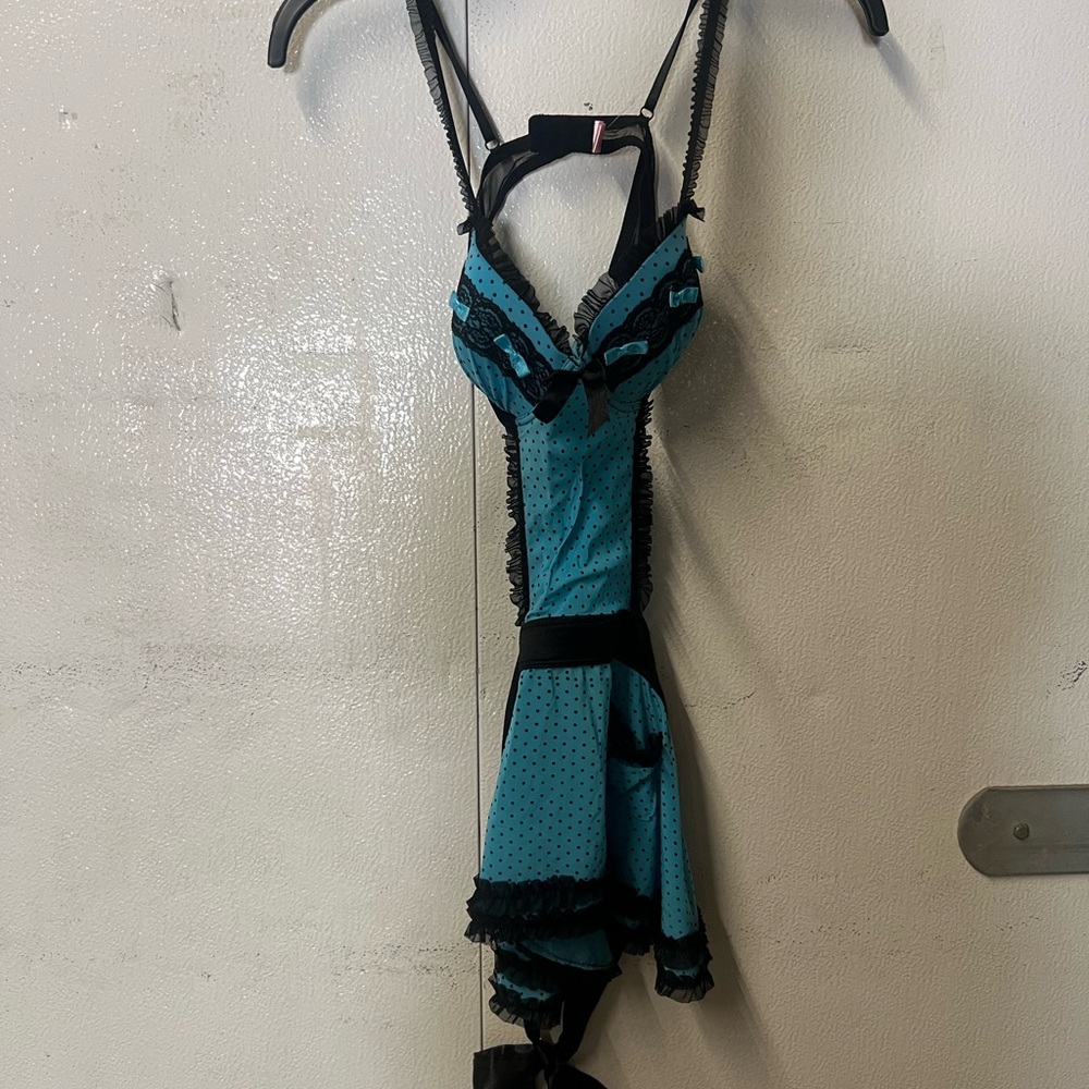 Teal Black Polka Dot Lace-Trim Chemise (#10)